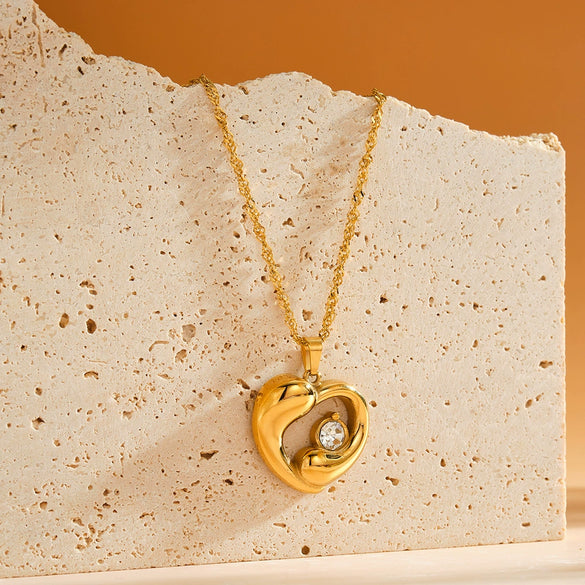 Women's Geometric Heart Pendant Necklace With Zircon Inlay Stainless Steel Regular Chain And 18K Gold Vacuum Plated Finish