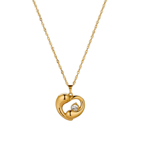 Women's Geometric Heart Pendant Necklace With Zircon Inlay Stainless Steel Regular Chain And 18K Gold Vacuum Plated Finish