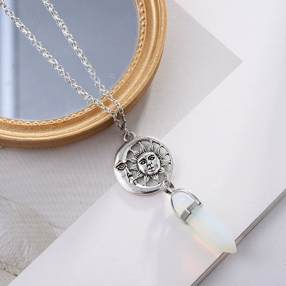 Women's Geometric Hexagon Stone Pendant Necklace With Electroplated Alloy Pendant And Water Wave Chain