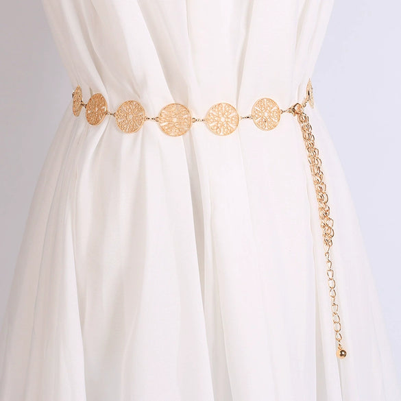 Women's Geometric Hollow Circle Metal Waist Chain Belt With Alloy Buckle And Hook Fastening Decorative Fashion Accessory