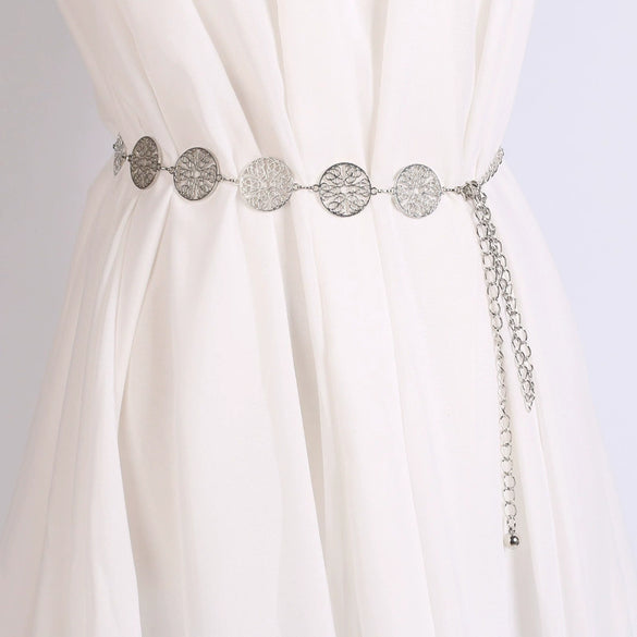 Women's Geometric Hollow Circle Metal Waist Chain Belt With Alloy Buckle And Hook Fastening Decorative Fashion Accessory