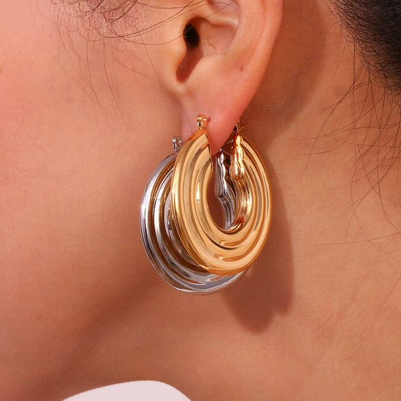 Women's Geometric Hollow Hoop Earrings Stainless Steel Gold Plated Layered Statement Jewelry