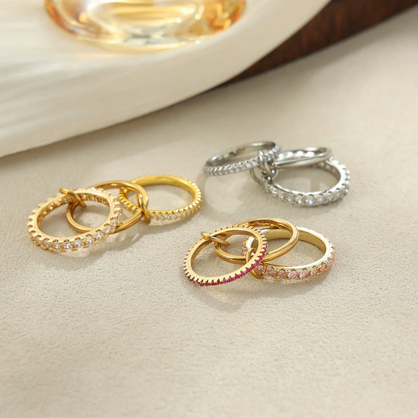 Women's Geometric Interlocking Ring In Gold Tone Stainless Steel With Zircon Accents Round Setting And Plated Finish