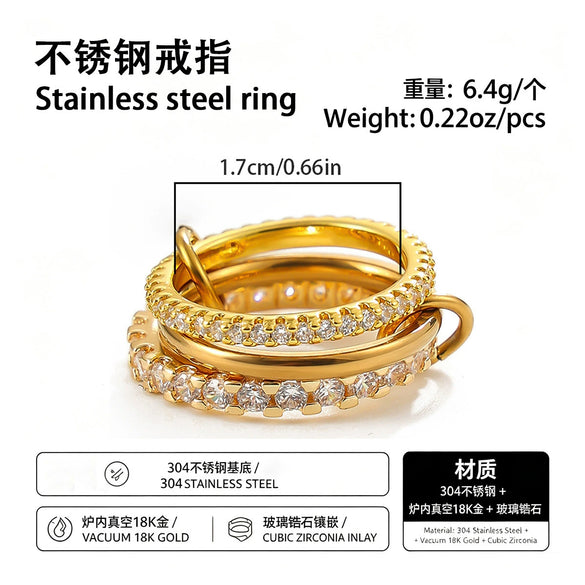 Women's Geometric Interlocking Ring In Gold Tone Stainless Steel With Zircon Accents Round Setting And Plated Finish