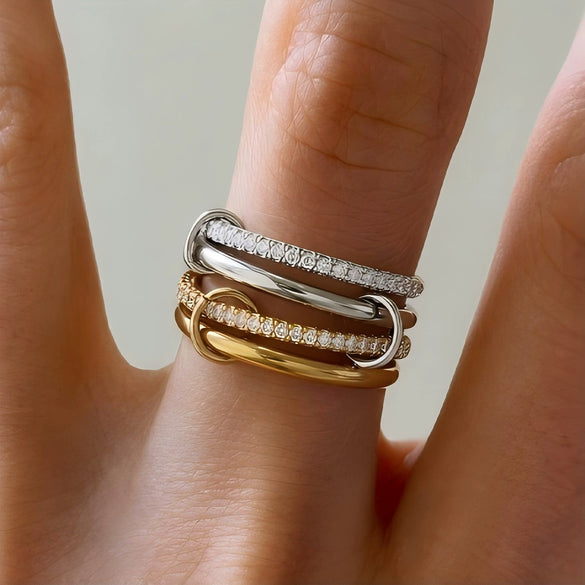 Women's Geometric Interlocking Ring With Zircon Accents Gold Plated Stainless Steel Round Band Jewelry