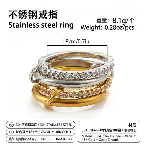 Women's Geometric Interlocking Ring With Zircon Accents Gold Plated Stainless Steel Round Band Jewelry