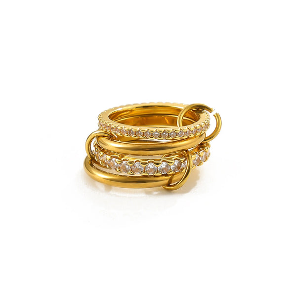 Women's Geometric Interlocking Ring With Zircon Accents Gold Plated Stainless Steel Round Band Jewelry