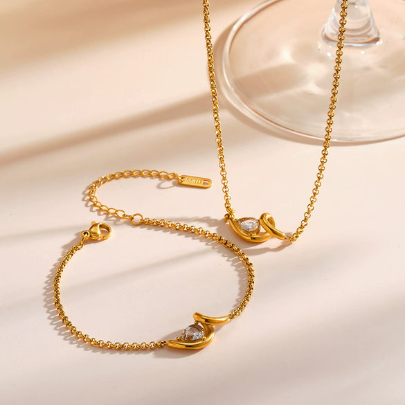Women’s Geometric Irregular Zircon Inlaid Stainless Steel Necklace And Bracelet Set With 18K Vacuum Plated Finish