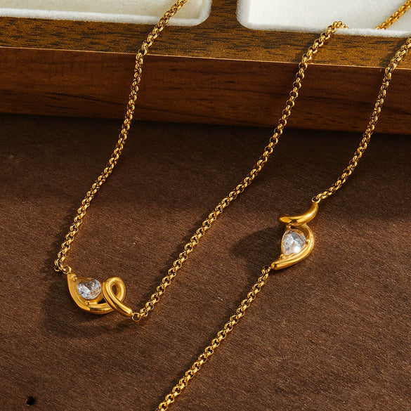 Women’s Geometric Irregular Zircon Inlaid Stainless Steel Necklace And Bracelet Set With 18K Vacuum Plated Finish
