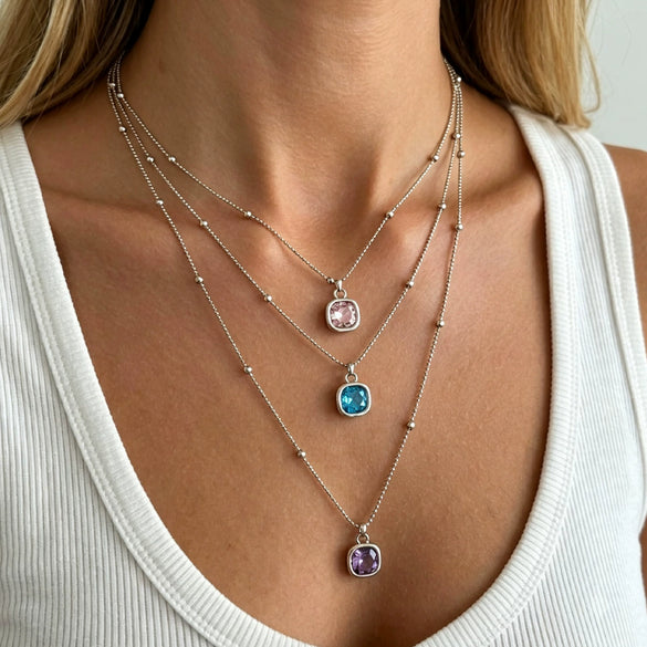 Women's Geometric Layered Necklace With Square Gemstone Rhinestone Pendant And Round Bead Chain Plated Alloy Fashion Jewelry