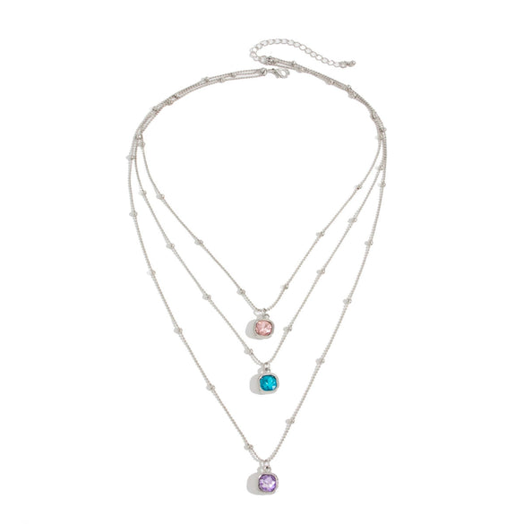 Women's Geometric Layered Necklace With Square Gemstone Rhinestone Pendant And Round Bead Chain Plated Alloy Fashion Jewelry
