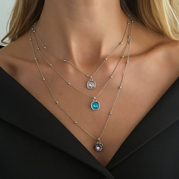 Women's Geometric Layered Necklace With Square Gemstone Rhinestone Pendant And Round Bead Chain Plated Alloy Fashion Jewelry