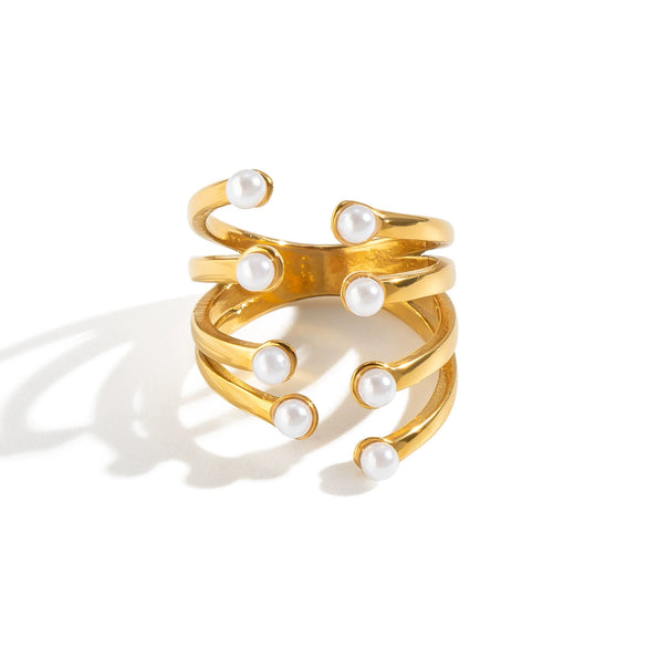 Women's Geometric Layered Pearl Open Ring In Stainless Steel With Gold Plated Finish Adjustable Jewelry