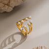 Women's Geometric Layered Pearl Open Ring In Stainless Steel With Gold Plated Finish Adjustable Jewelry