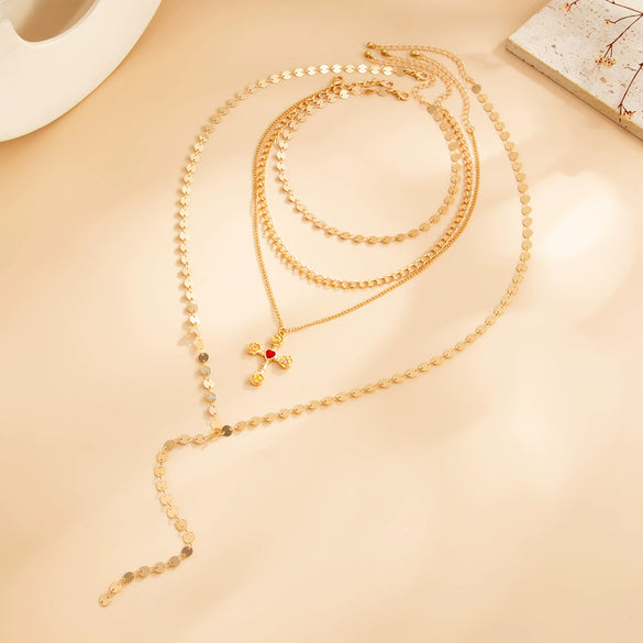 Women's Geometric Layered Sequin Chain Necklace With Sparkling Cross Pendant Plated Copper Long Necklace