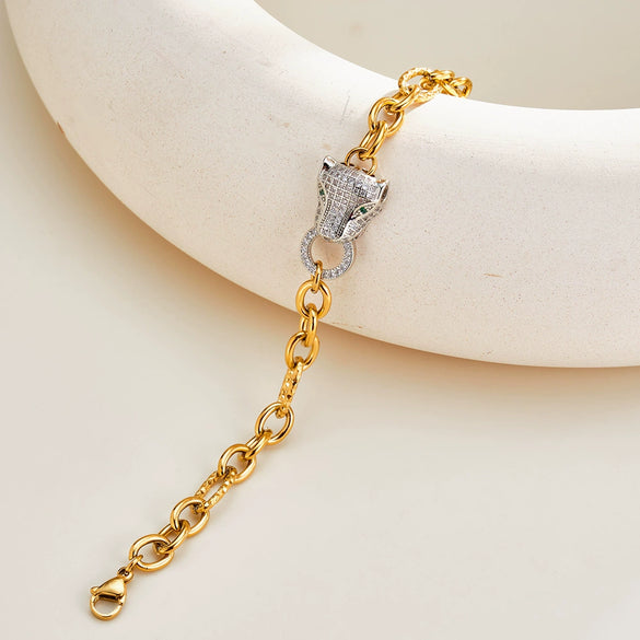 Women's Geometric Leopard Pendant Bracelet In Stainless Steel With Rhinestones And 18K Gold Vacuum Plating