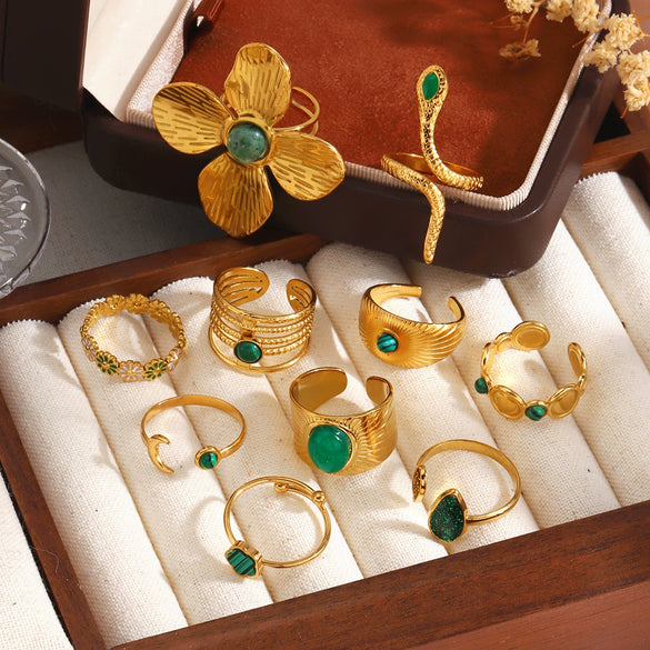 Women's Geometric Line Stainless Steel Ring With Gemstone Accents And Gold Tone Electroplated Finish