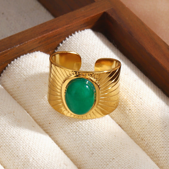 Women's Geometric Line Stainless Steel Ring With Gemstone Accents And Gold Tone Electroplated Finish