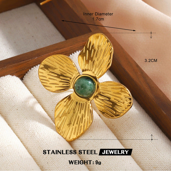 Women's Geometric Line Stainless Steel Ring With Gemstone Accents And Gold Tone Electroplated Finish