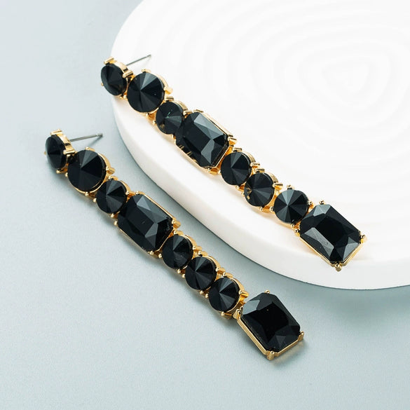 Women's Geometric Long Tassel Earrings With Shiny Alloy And Colored Diamond Details Fashion Statement Jewelry
