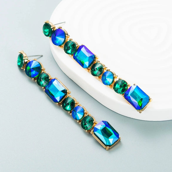 Women's Geometric Long Tassel Earrings With Shiny Alloy And Colored Diamond Details Fashion Statement Jewelry