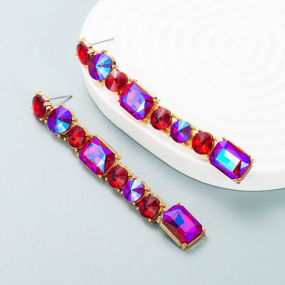 Women's Geometric Long Tassel Earrings With Shiny Alloy And Colored Diamond Details Fashion Statement Jewelry