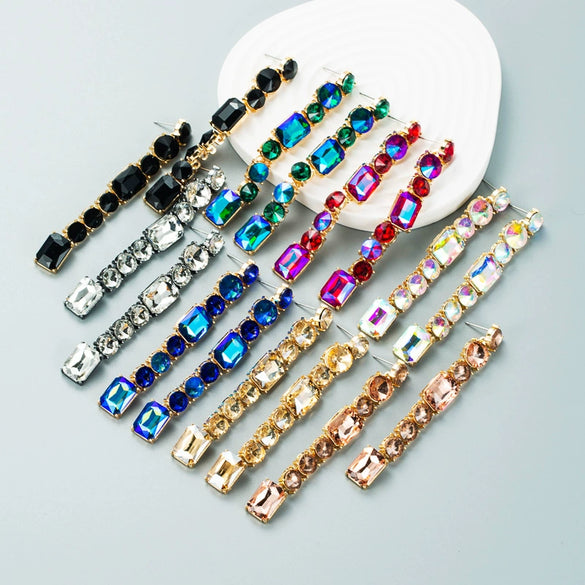 Women's Geometric Long Tassel Earrings With Shiny Alloy And Colored Diamond Details Fashion Statement Jewelry