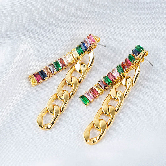 Women's Geometric Metal Chain Tassel Zircon Earrings