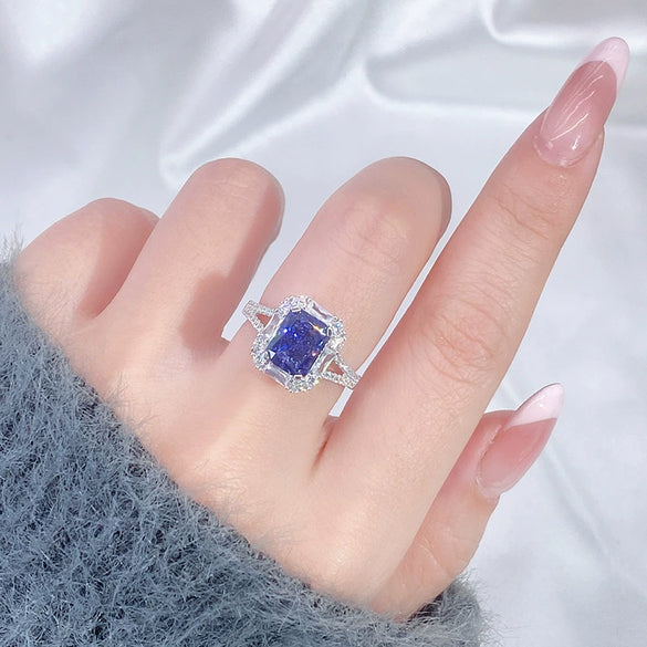 Women's Geometric Minimalist 925 Sterling Silver Ring With Tanzan Gem And High Carbon Diamond