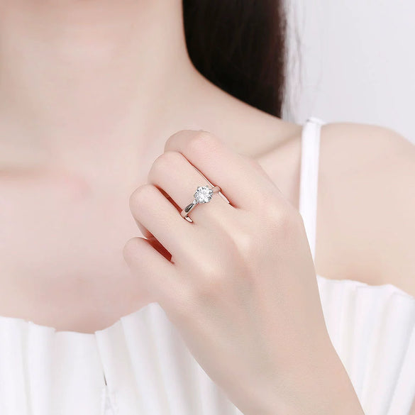 Women's Geometric Moissanite Ring In 925 Silver With Classic Six Prong Setting Electroplated Adjustable Open Band