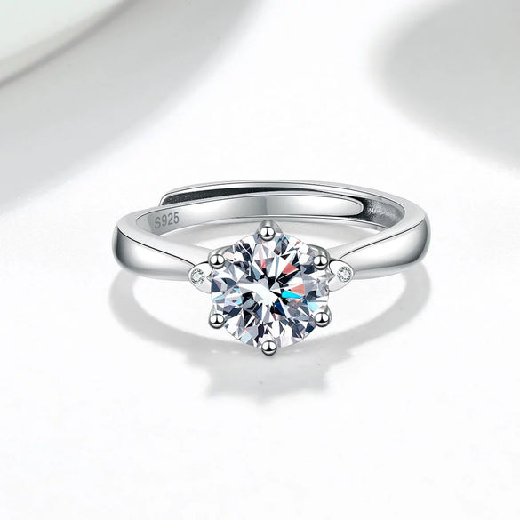 Women's Geometric Moissanite Ring In 925 Silver With Classic Six Prong Setting Electroplated Adjustable Open Band