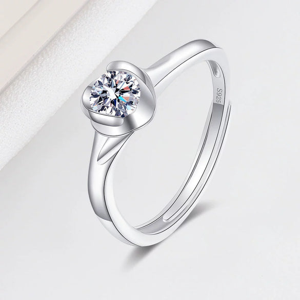 Women's Geometric Moissanite Ring In 925 Sterling Silver With Electroplated Finish Adjustable Open Band Fine Jewelry