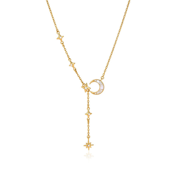 Women's Geometric Moon Pendant Ychain Necklace In Stainless Steel With Zircon And Pvd Gold Plating