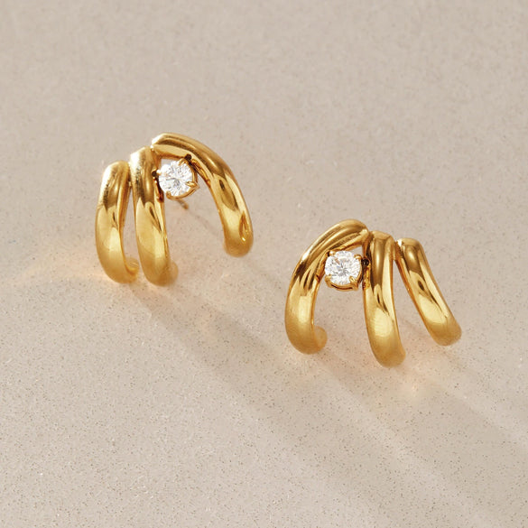Women's Geometric Multilayer Choop Earrings With Sparkling Zirconia Accents Plated Stainless Steel Pierced Earrings