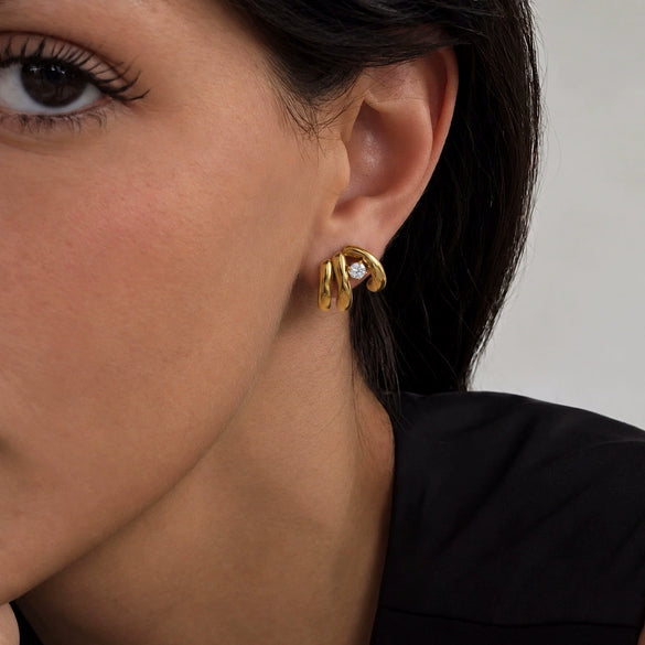 Women's Geometric Multilayer Choop Earrings With Sparkling Zirconia Accents Plated Stainless Steel Pierced Earrings