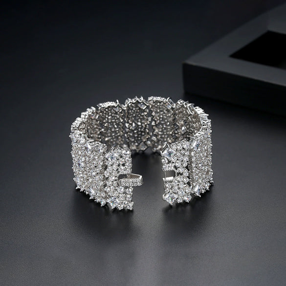 Women's Geometric Multilayer Copper Bracelet With Zircon Accents Wide Electroplated Statement Jewelry