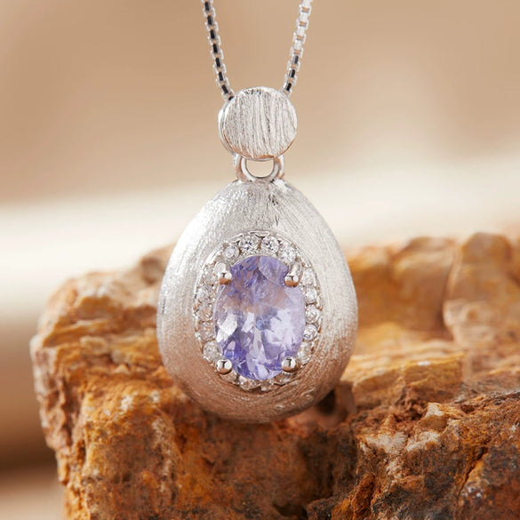 Women's Geometric Natural Amethytetine Pendant Necklace In S925 Sterling Silver With Gem And Crystal Design