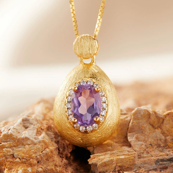 Women's Geometric Natural Amethytetine Pendant Necklace In S925 Sterling Silver With Gem And Crystal Design