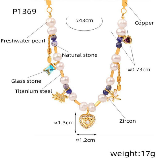 Women's Geometric Natural Stone Freshwater Pearl 316L Stainless Steel Pendant Necklace With Copper Chain And Electroplating Treatment
