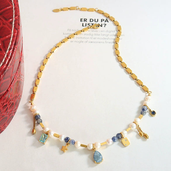 Women's Geometric Natural Stone Freshwater Pearl 316L Stainless Steel Pendant Necklace With Copper Chain And Electroplating Treatment