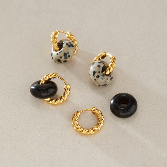 Women's Geometric Natural Stone Hoop Earrings In Stainless Steel With Plated Finish And Sophisticated Style