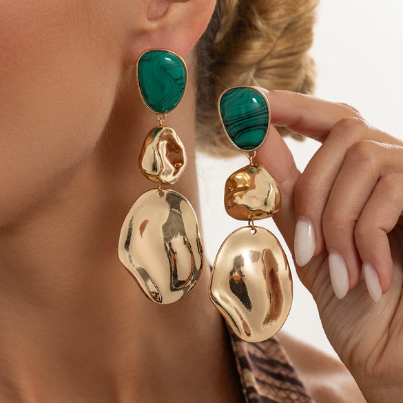 Women’s Geometric Ombre Resin Statement Earrings With Irregular Hammered Glossy Metal Finish And Steel Posts