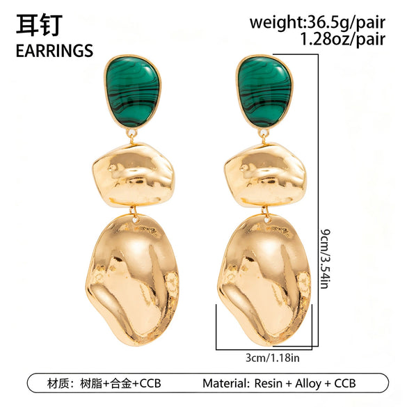 Women’s Geometric Ombre Resin Statement Earrings With Irregular Hammered Glossy Metal Finish And Steel Posts