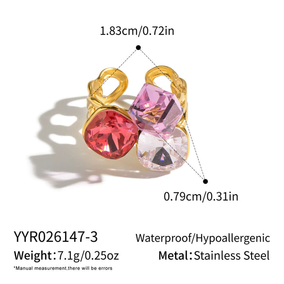 Women's Geometric Open Ring In Goldplated Stainless Steel With Colorful Crystalset Glass And Bold Statement Design