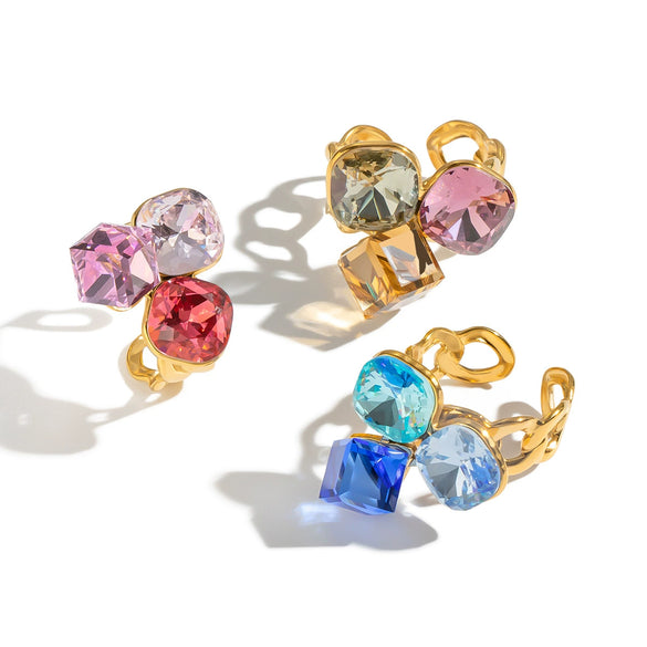 Women's Geometric Open Ring In Goldplated Stainless Steel With Colorful Crystalset Glass And Bold Statement Design