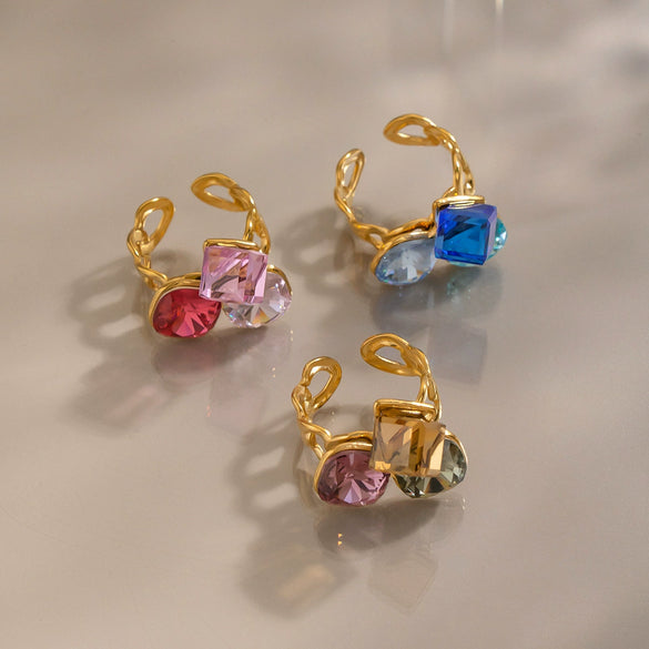 Women's Geometric Open Ring In Goldplated Stainless Steel With Colorful Crystalset Glass And Bold Statement Design