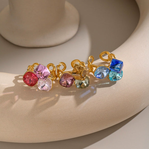 Women's Geometric Open Ring In Goldplated Stainless Steel With Colorful Crystalset Glass And Bold Statement Design