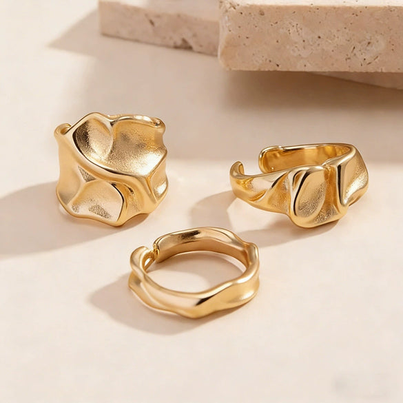 Women's Geometric Open Ring Set With Polished Plating Irregular Liquid Lava Design Exaggerated Minimalist Zinc Alloy Jewelry