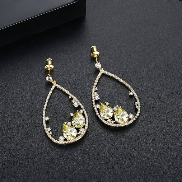 Women's Geometric Oval Drop Earrings With Microinlaid Zircon Electroplated Copper Long Dangle Jewelry