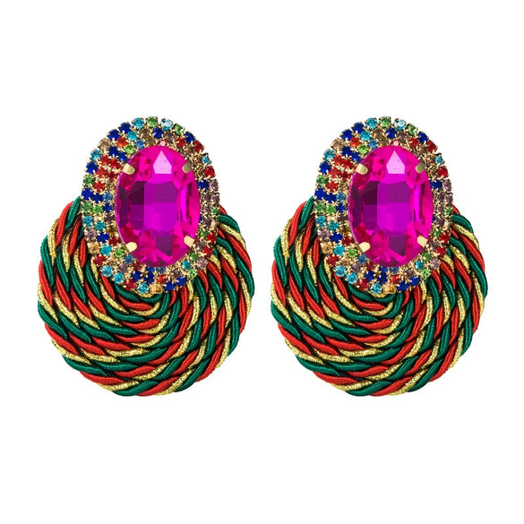 Women's Geometric Oval Glass Rhinestone Earrings With Colorful Diamond Design And Handwoven Wire Detail